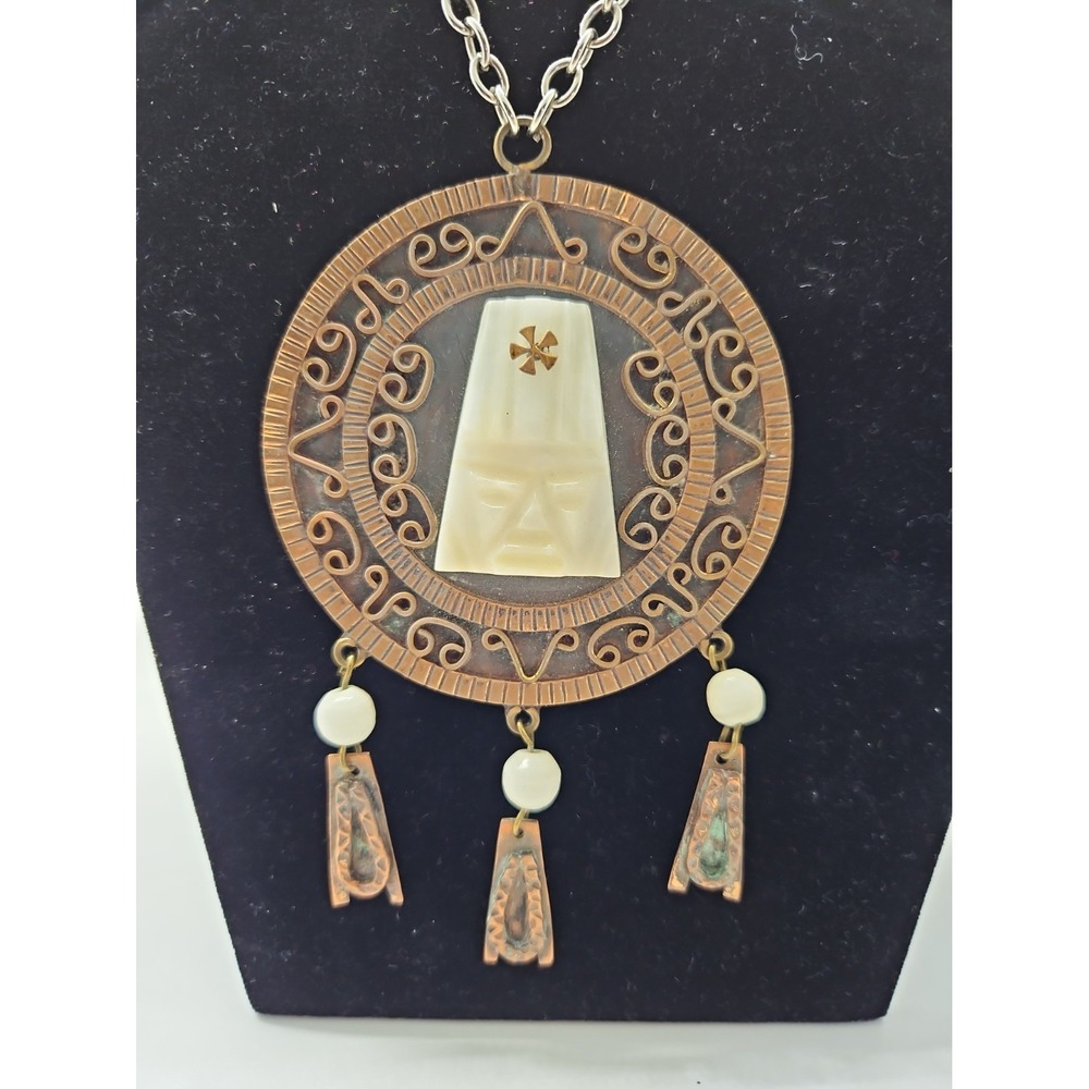 Vintage Copper Aztec Stone Onyx Pendant Necklace Mexico Carved Face